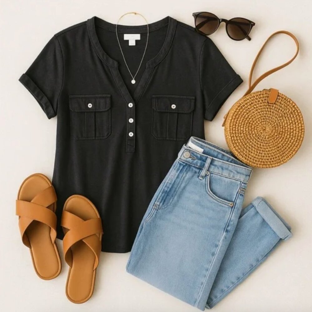 NWT J Jill Black Linen Blend Short Sleeve Henley Top